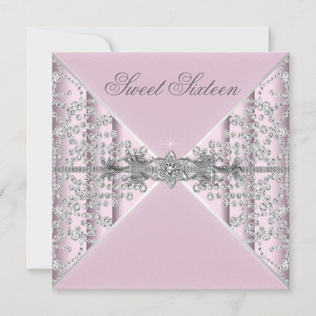 Silver Diamonds Pink Sweet 16 Birthday Party Invitation (Front)