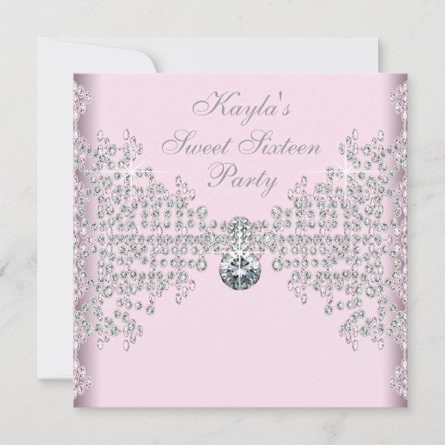Silver Diamonds Pink Sweet 16 Birthday Party Invitation (Front)