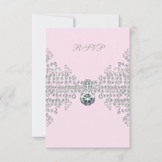 Silver Diamonds Pink Sweet 16 Birthday Party RSVP Card (Front)