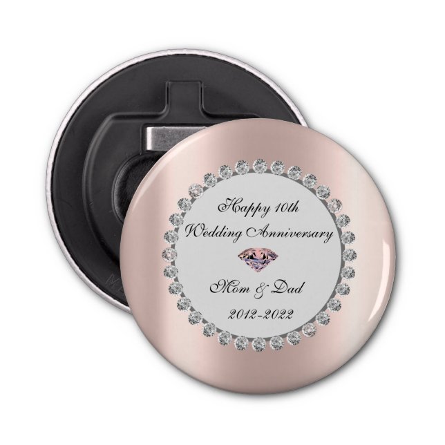 Silver Diamonds Rose Gold 10th Wedding Anniversary Bottle Opener (Front)