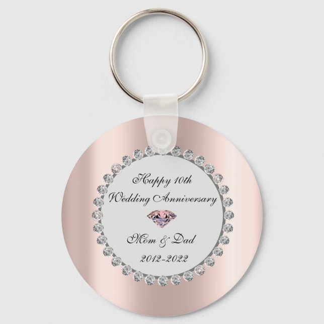 Silver Diamonds Rose Gold 10th Wedding Anniversary Key Ring (Front)