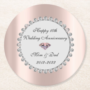 Silver Diamonds Rose Gold 10th Wedding Anniversary Round Paper Coaster