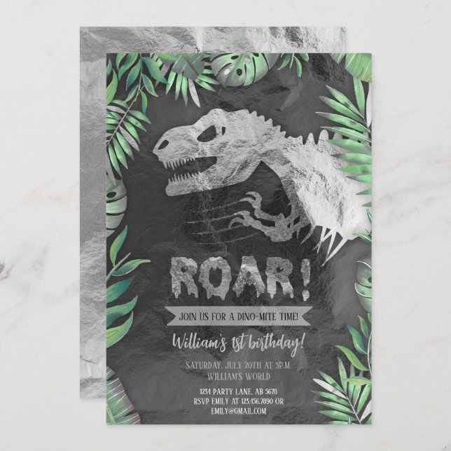 Silver Dinosaur Roar Birthday Invitation (Front/Back)