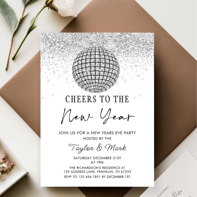 Silver Disco Ball Cheers New Years Eve Party Invitation (Creator Uploaded)