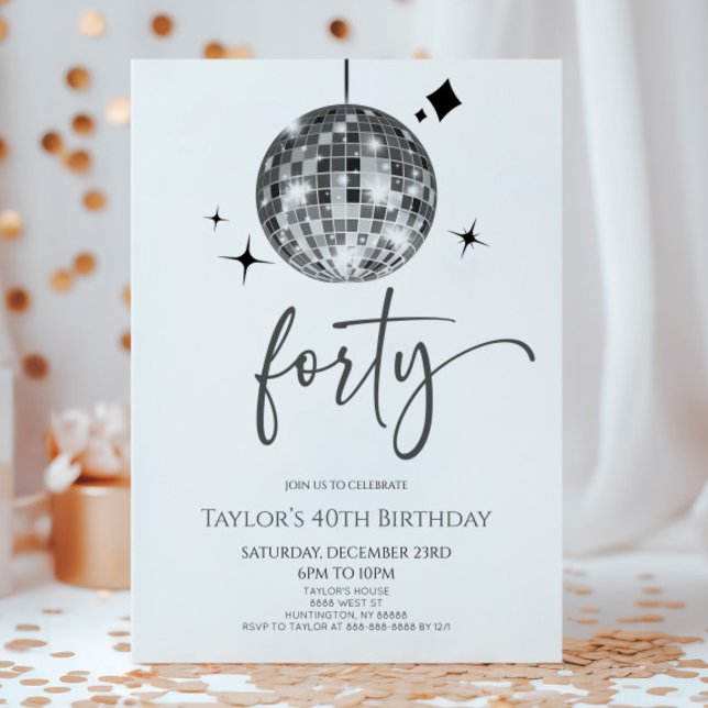 Silver Disco Ball Forty 40th Birthday Party Invitation (Creator Uploaded)