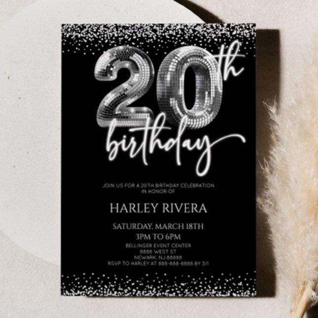 Silver Disco Ball Glitter 20th Birthday Party Invitation (Creator Uploaded)