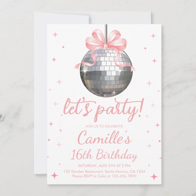 Silver Disco Ball | pink bow Birthday  Invitation (Front)