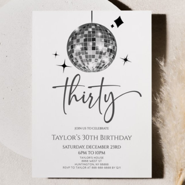 Silver Disco Ball Thirty 30th Birthday Party Invitation (Creator Uploaded)