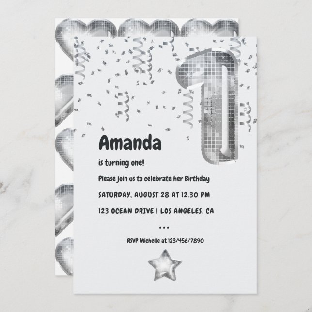 Silver Disco Balloon 1st Birthday Party Invitation (Front/Back)