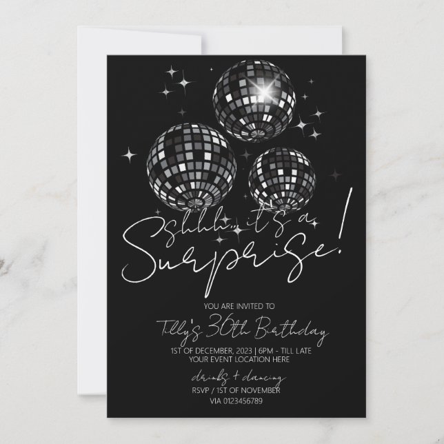 Silver disco party modern surprise birthday party  invitation (Front)