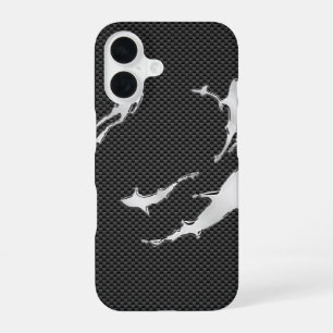 Silver Diver with Sharks on Carbon Fibre Decor iPhone 16 Case
