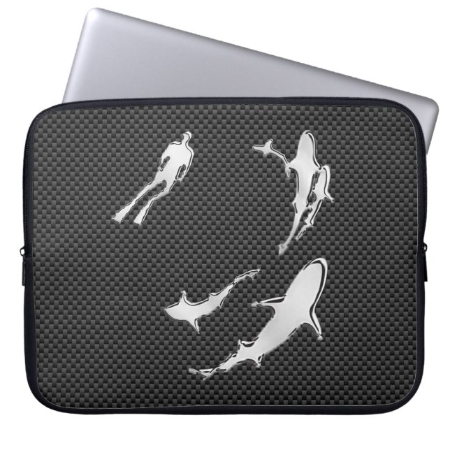 Silver Diver with Sharks on Carbon Fibre Style Laptop Sleeve (Front)