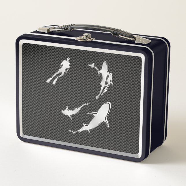 Silver Diver with Sharks on Carbon Fibre Style Metal Lunch Box (Front)