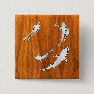 Silver Diver with Sharks on Teak Veneer Style 15 Cm Square Badge