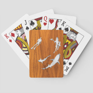 Silver Diver with Sharks on Teak Veneer Style Playing Cards