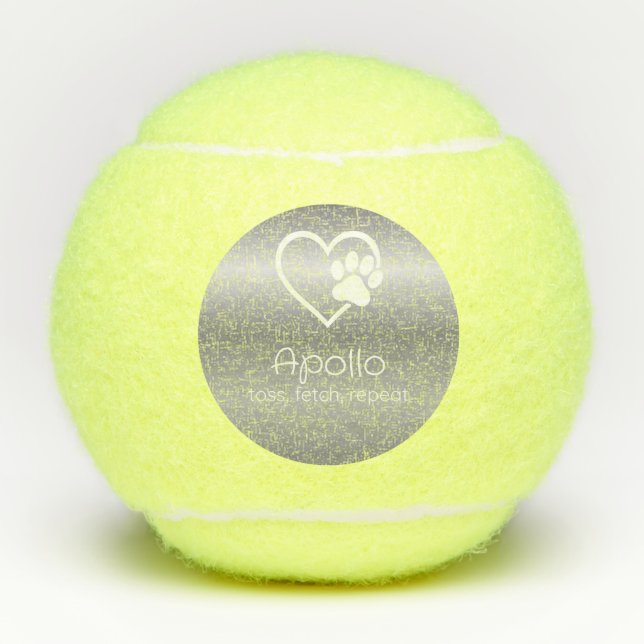 Silver Dog Name Tennis Ball 'toss, fetch, repeat' (Front)
