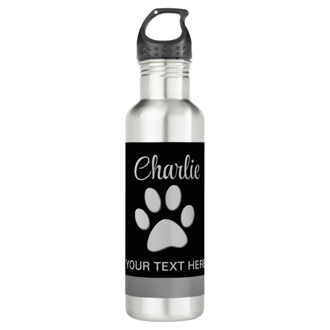  Silver Dog Paw on black background 710 Ml Water Bottle (Front)