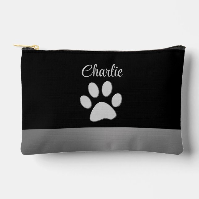  Silver Dog Paw on black background Accessory Pouch (Front)