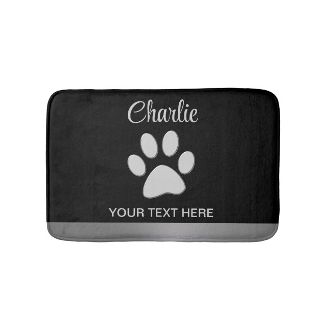  Silver Dog Paw on black background Bath Mat (Front)