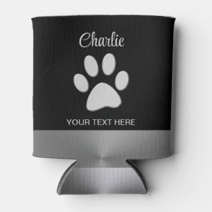 Silver Dog Paw on black background Can Cooler