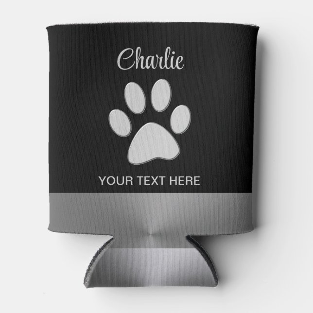 Silver Dog Paw on black background Can Cooler (Front)