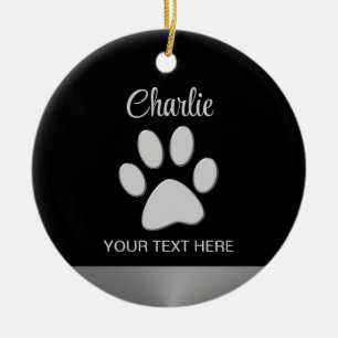  Silver Dog Paw on black background Ceramic Tree Decoration