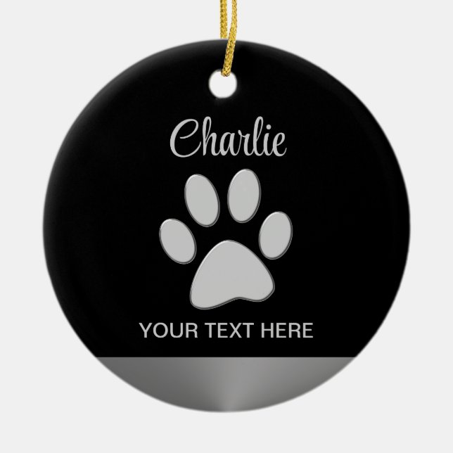  Silver Dog Paw on black background Ceramic Tree Decoration (Front)