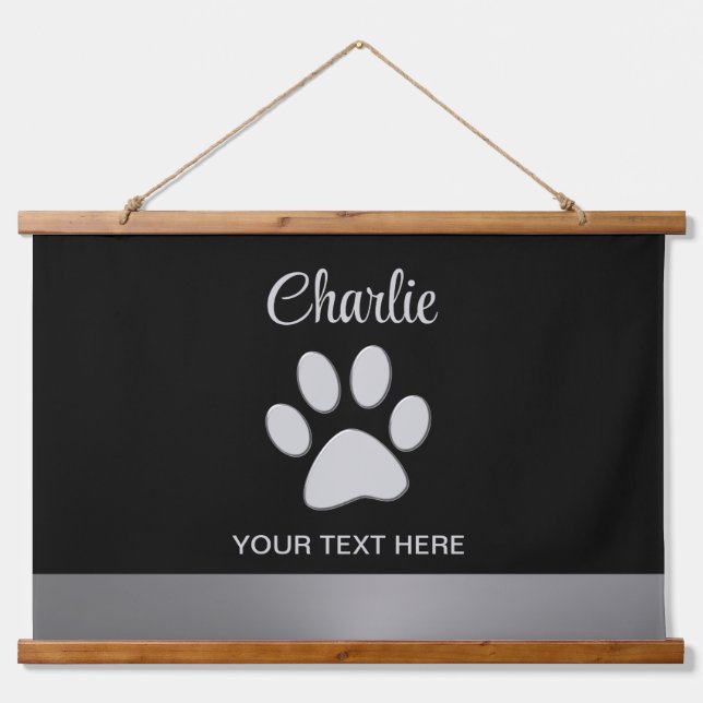  Silver Dog Paw on black background Hanging Tapestry (Front)