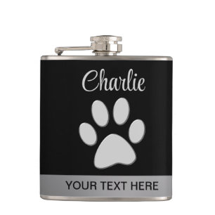 Silver Dog Paw on black background Hip Flask