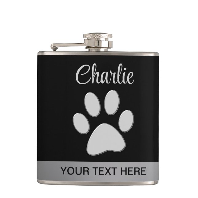  Silver Dog Paw on black background Hip Flask (Front)