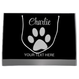  Silver Dog Paw on black background Large Gift Bag