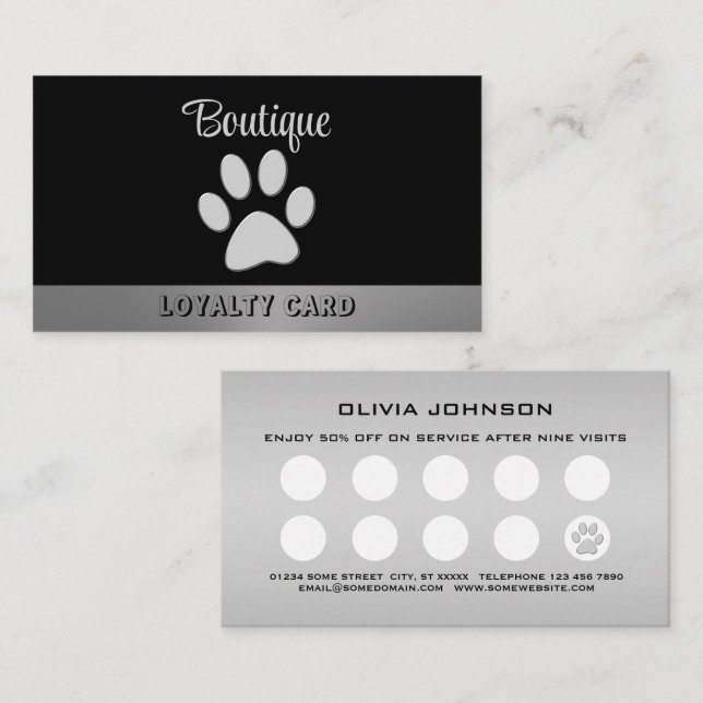  Silver Dog Paw on black background Loyalty Card (Front/Back)