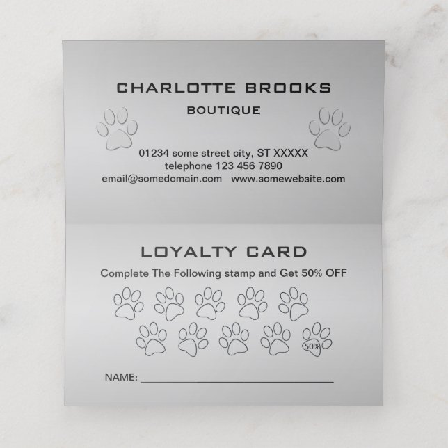  Silver Dog Paw on black background Loyalty Card (Inside Unfolded)