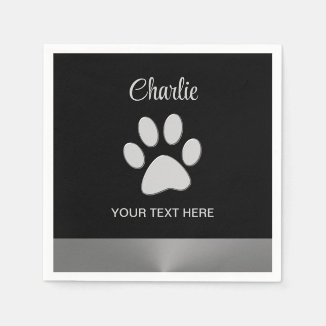  Silver Dog Paw on black background Napkin (Front)