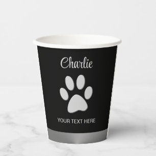  Silver Dog Paw on black background Paper Cups