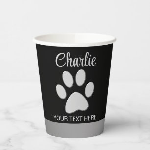 Silver Dog Paw on black background Paper Cups