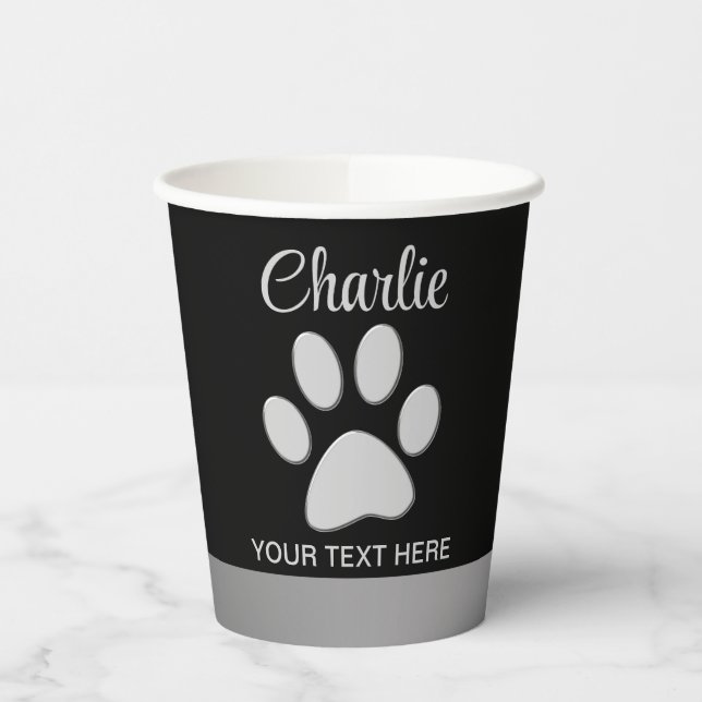  Silver Dog Paw on black background Paper Cups (Left)