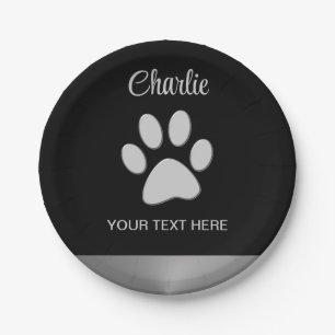  Silver Dog Paw on black background Paper Plate