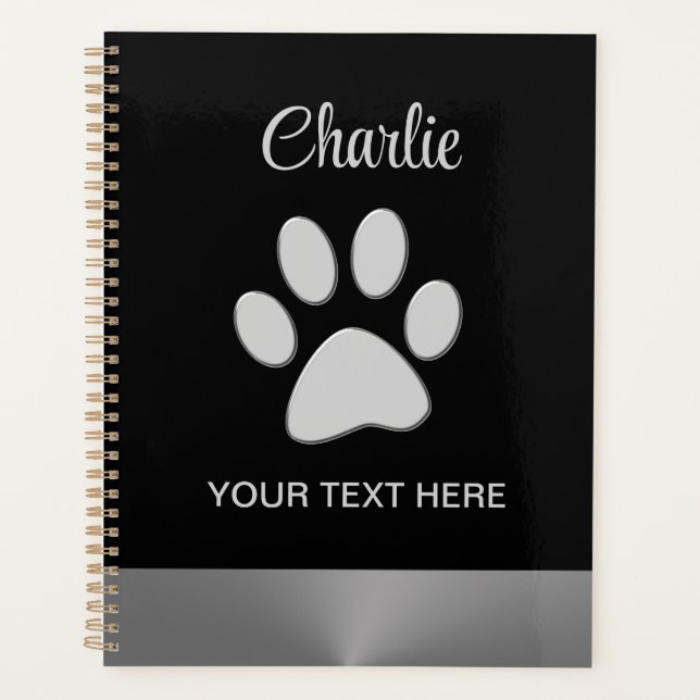  Silver Dog Paw on black background Planner (Front)