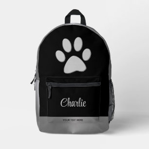 Silver Dog Paw on black background Printed Backpack