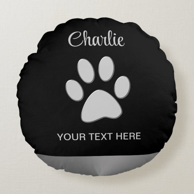  Silver Dog Paw on black background Round Cushion (Front)