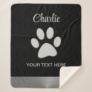  Silver Dog Paw on black background Sherpa Blanket