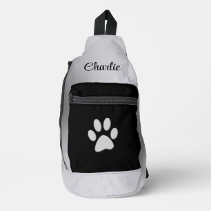  Silver Dog Paw on black background Sling Bag