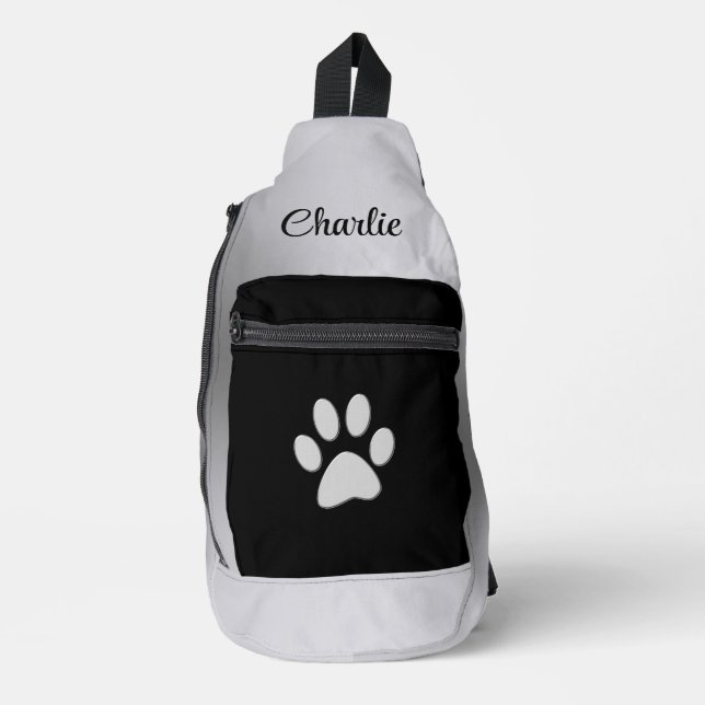  Silver Dog Paw on black background Sling Bag (Front)