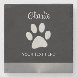  Silver Dog Paw on black background Stone Coaster