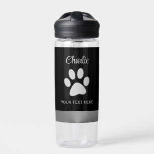  Silver Dog Paw on black background Water Bottle