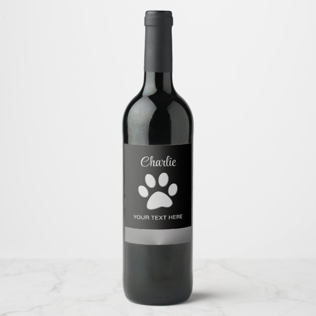  Silver Dog Paw on black background Wine Label (Front)