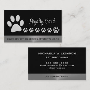 Silver Dog Paw on black Pet Grooming Service Busin Loyalty Card
