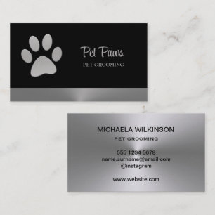 Silver Dog Paw on black Pet Grooming Service Business Card