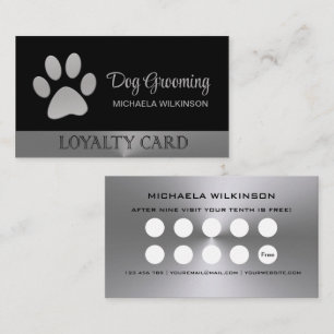 Silver Dog Paw on black Pet Grooming Service Loyalty Card